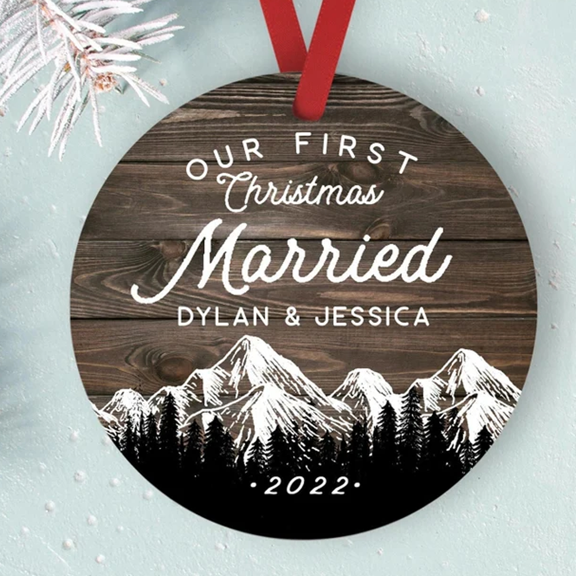 Personalized First Christmas Married Ornament 2022 Newlywed Gift Faux Wood Mountain Married Christmas Ornament